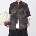 Buddha Stones Summer Bamboo Print Mandarin Collar Frog Buttons Men's Elbow-Length Sleeve Shirt