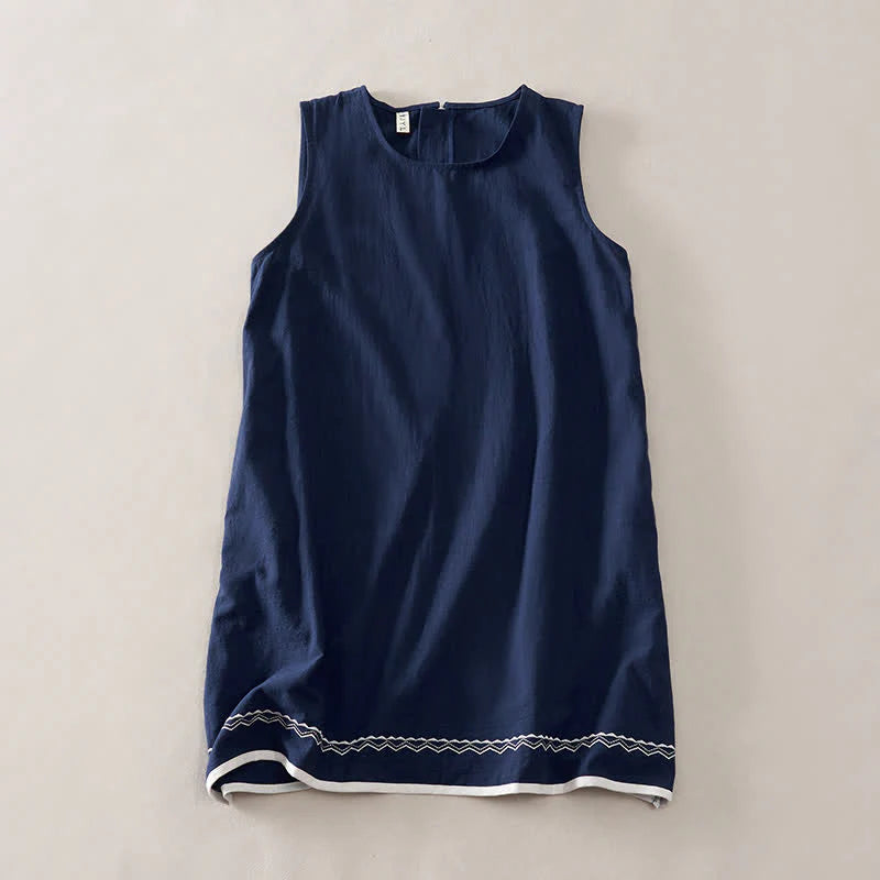 Buddha Stones Summer Embroidery Hem Back Zipper Design Sleeveless Solid Color Mini Dress With Pockets