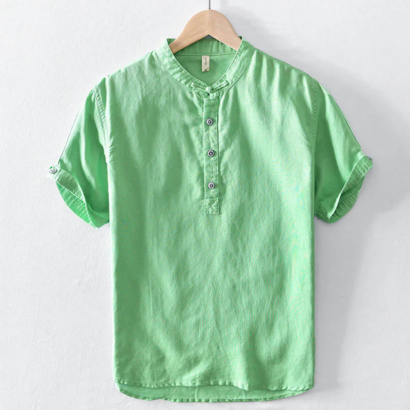 Buddha Stones Solid Color Half Button Design Stand Collar Men's Short Sleeve Cotton Linen Shirt