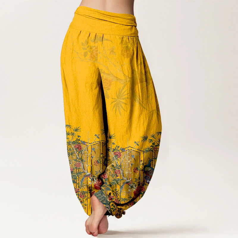 Buddha Stones Cotton Gorgeous Peacock Flower Pattern Women's Elastic Waist Harem Pants