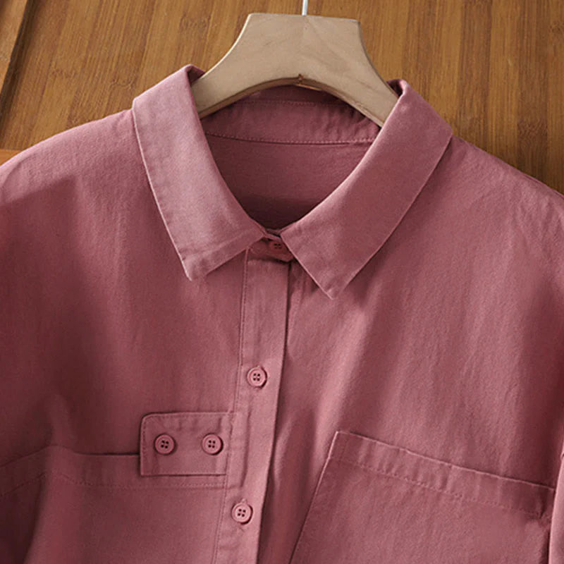 Buddha Stones Spring Plain Lapel Long Sleeve Women's Cotton Shirt With Pockets