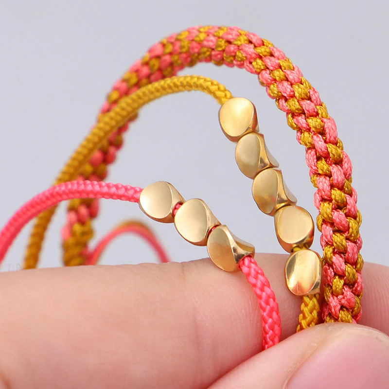 Buddha Stones 3Pcs Pink Yellow String Golden Copper Beads Wealth Bracelet