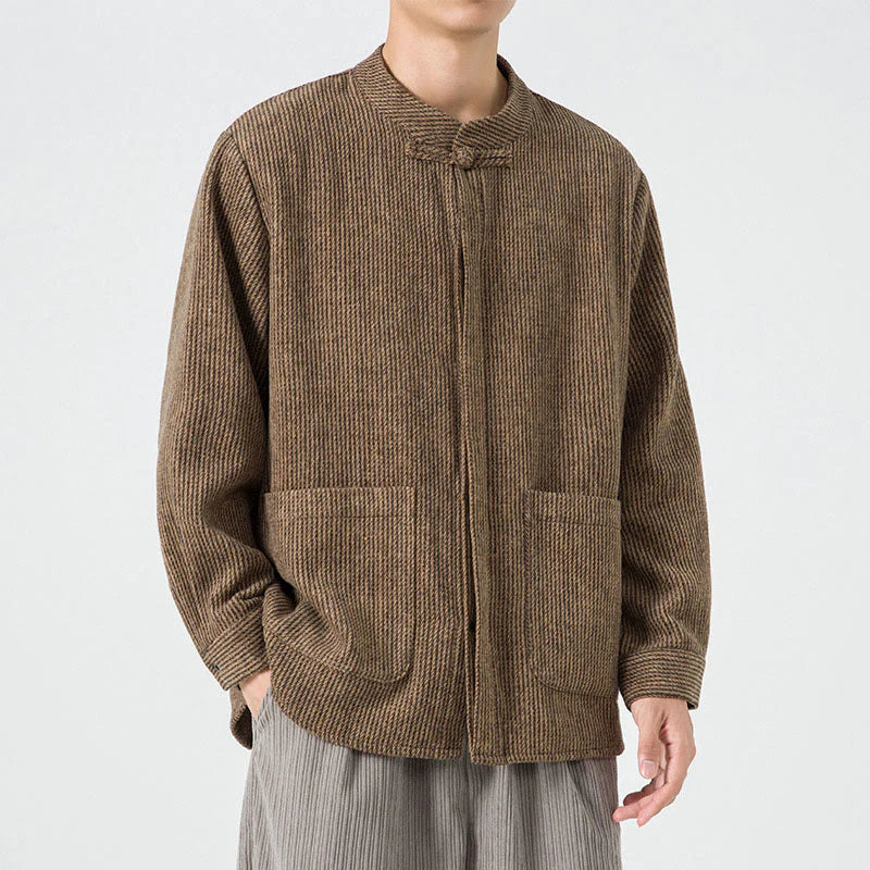 Buddha Stones Solid Color Frog-Button Long Sleeve Men's Cotton Corduroy Jacket With Pockets