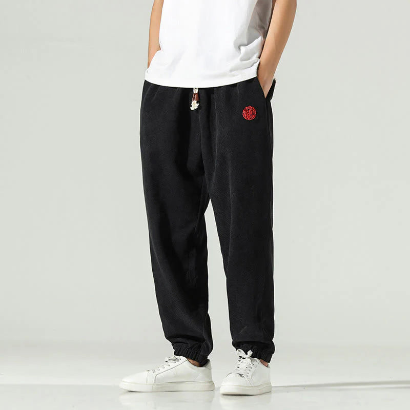 Buddha Stones Fall Plain Corduroy Embroidery Design Men's Harem Pants With Pockets