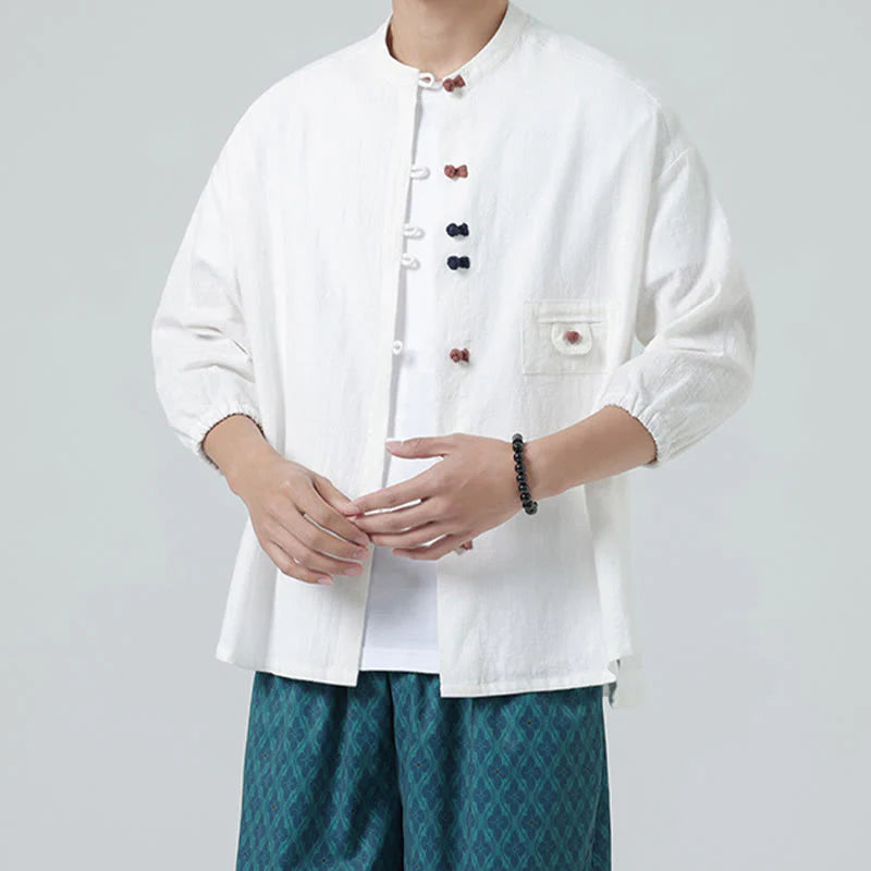 Buddha Stones Summer Frog-Button Front Stand Collar Men's Three Quarter Sleeve Cotton Shirt Cardigan With Pocket