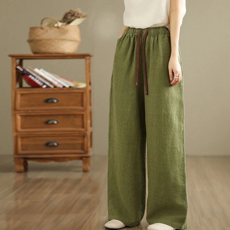 Buddha Stones Commute Retro Solid Color Women's Harem Drawstring Cotton Pants With Pockets