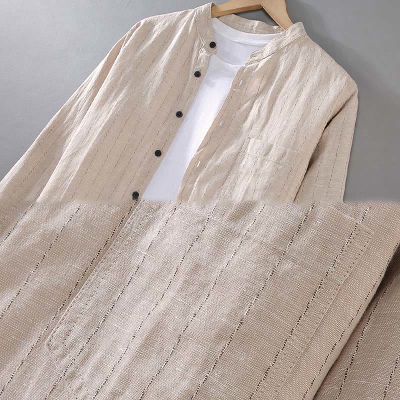 Buddha Stones Daily Tang Suit Men's Striped Pattern Cotton Linen Long Sleeve Shirt