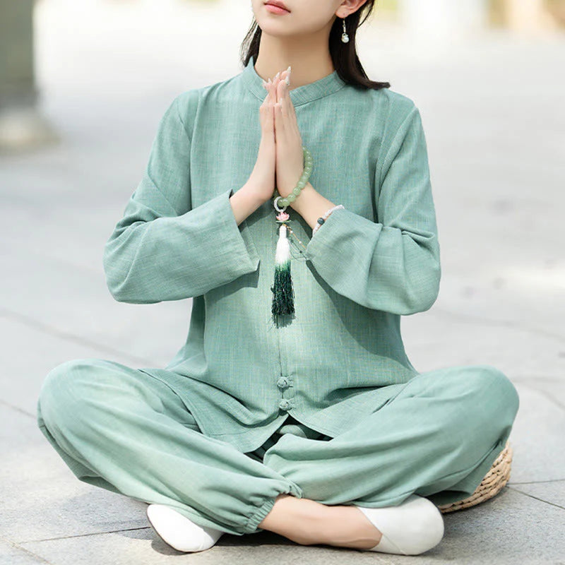 Buddha Stones 2Pcs Chinese Frog-Button Long Sleeve Shirt Top Pants Meditation Zen Tai Chi Cotton Clothing Women's Set