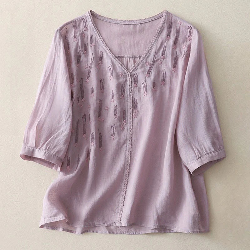 Buddha Stones Casual Shooting Star Embroidery V-Neck Half Sleeve Cotton Linen Women's Shirt