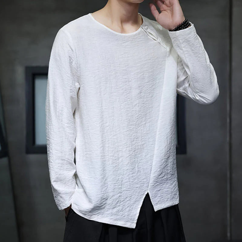 Buddha Stones Solid Color Loose Long Sleeve Round Neck Men's Shirts