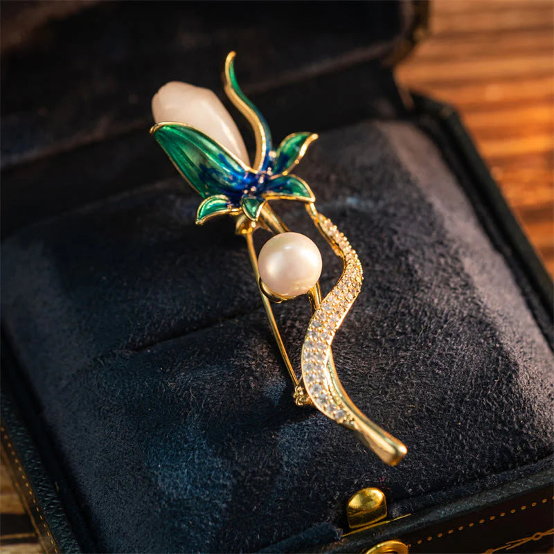 Buddha Stones Magnolia Flower Pearl Optimism Copper Brooch