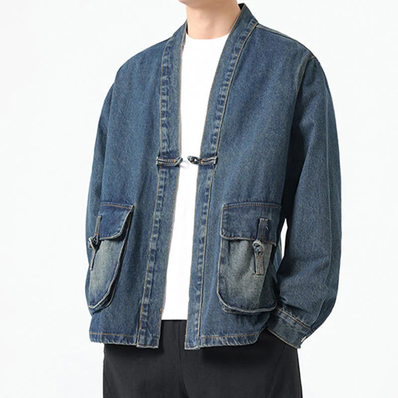 Buddha Stones Denim Button Design Men's Cotton Long Sleeve Jacket With Pockets