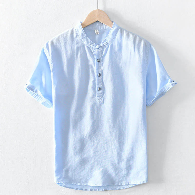 Buddha Stones Solid Color Half Button Design Stand Collar Men's Short Sleeve Cotton Linen Shirt