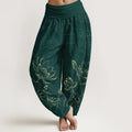 Buddha Stones Pure Cotton Concise Lotus Flower Leaf Pod Bud Cloud Pattern Women's Elastic Waist Harem Pants