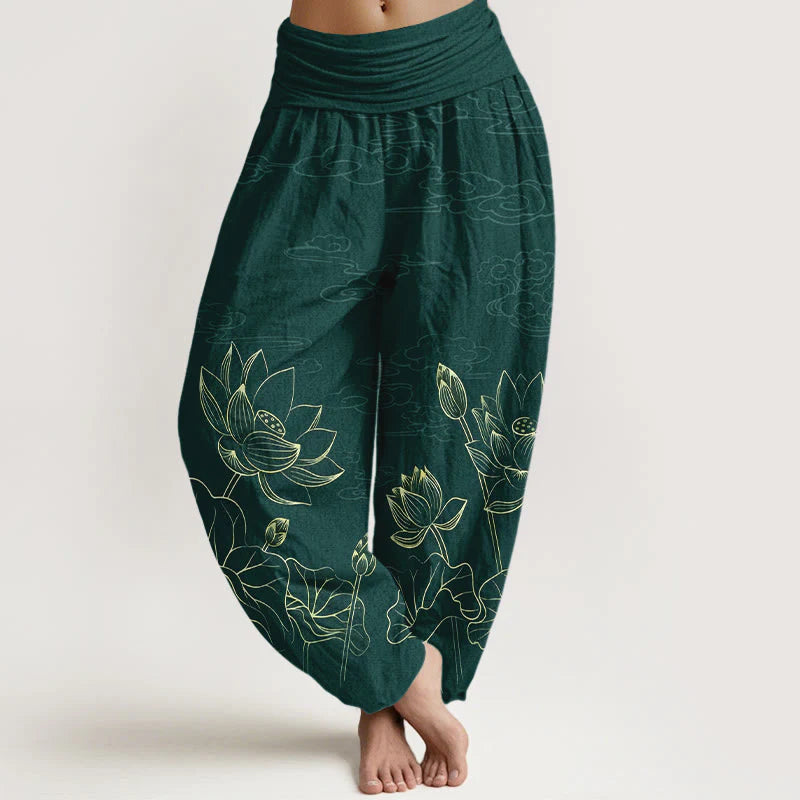 Buddha Stones Pure Cotton Concise Lotus Flower Leaf Pod Bud Cloud Pattern Women's Elastic Waist Harem Pants