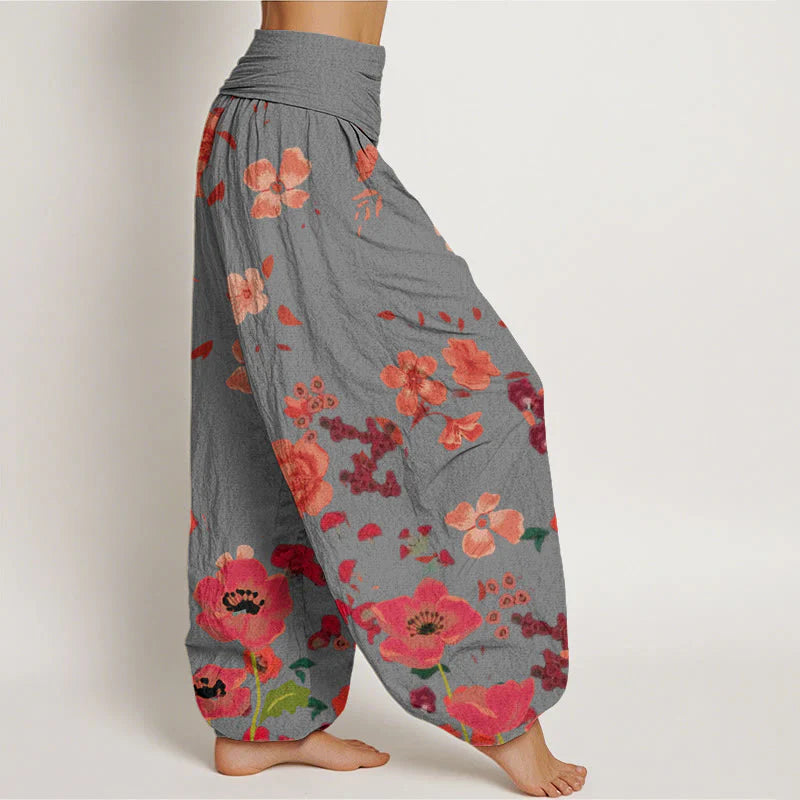 Buddha Stones Cotton Red Flowers Common Poppy Design Women's Elastic Waist Harem Pants