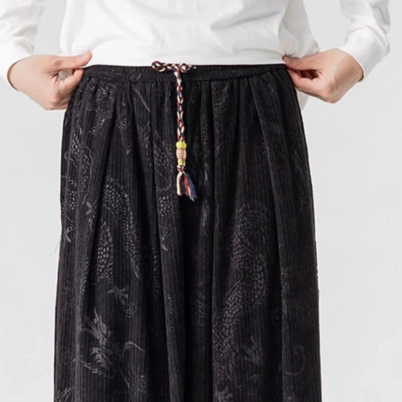Buddha Stones Winter Dragon Phoenix Pattern Cotton Corduroy Men's Harem Pants With Pockets
