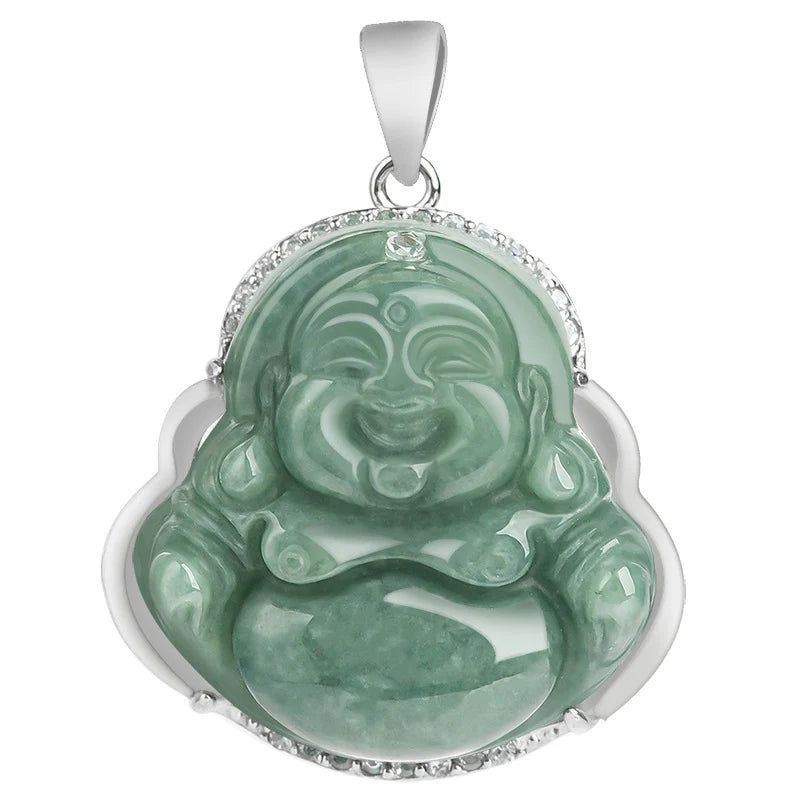 Buddha Stones Laughing Buddha Jade Abundance Necklace Titanium Steel Chain Pendant