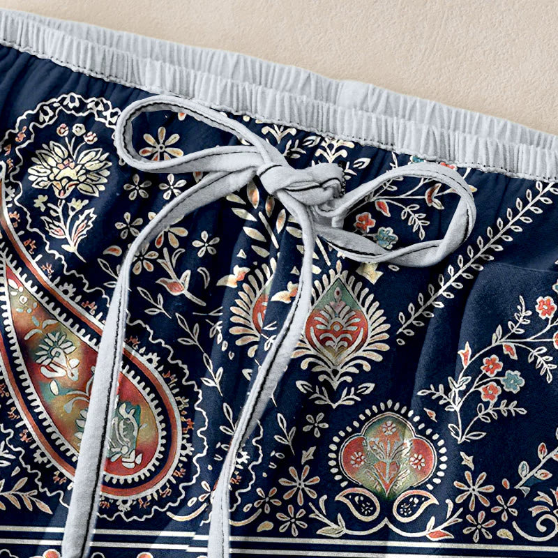 Buddha Stones Pure Cotton Paisley Lotus Pattern Women's Elastic Waist Pants With Pockets