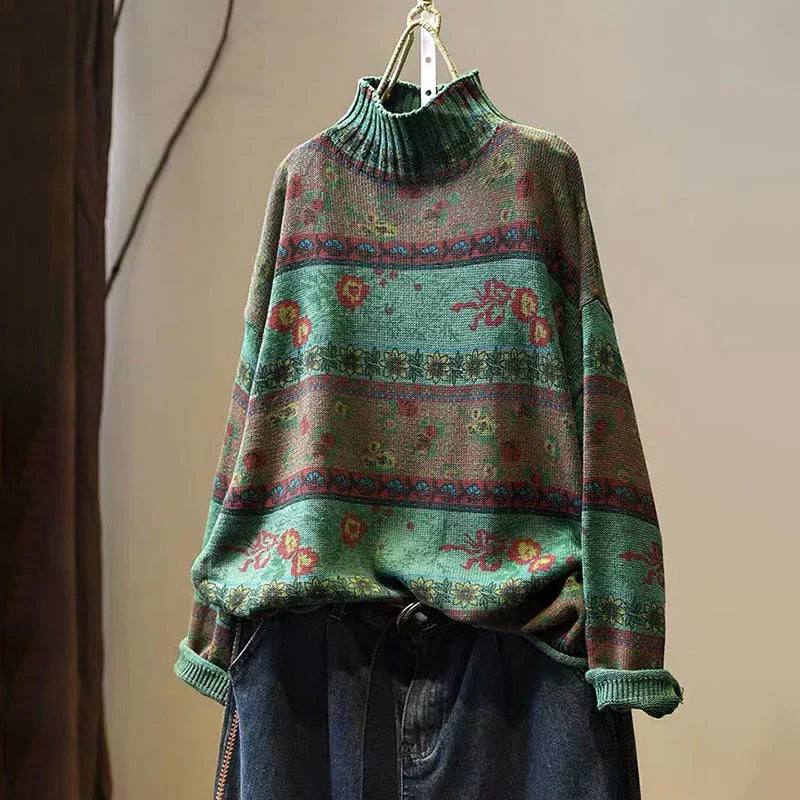 Buddha Stones Winter Color-block Flower Pattern Mock Neck Long Sleeve Women's Cotton Sweater