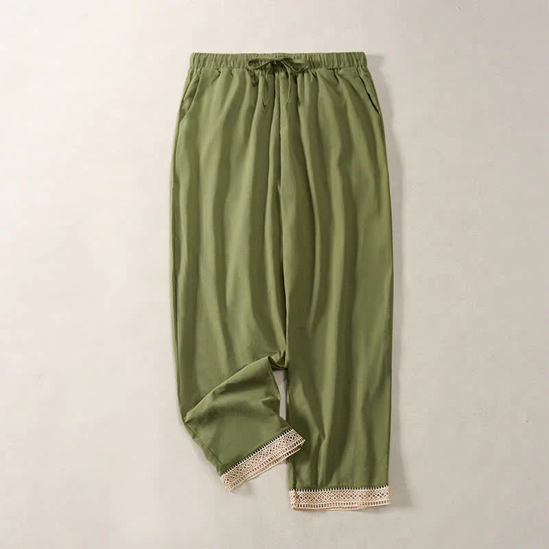 Buddha Stones Summer Lace-trimmed Hem Solid Color Women's Tapered Pants With Pockets