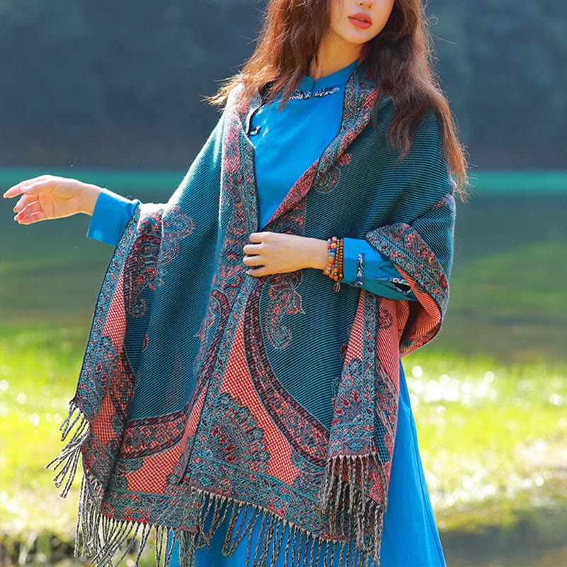 Buddha Stones Jacquard Ethnic Paisley Plants Pattern Tassel Soft Thermal Scarf Shawl