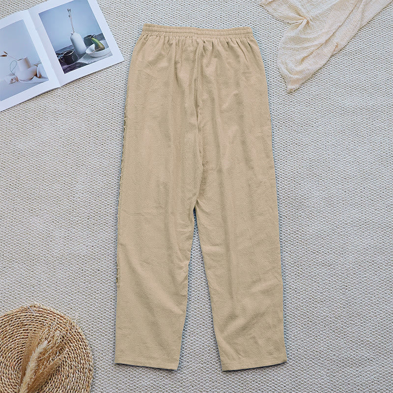 Buddha Stones Summer Plain Color Splicing Design Cotton Linen Women's Pants With Pockets