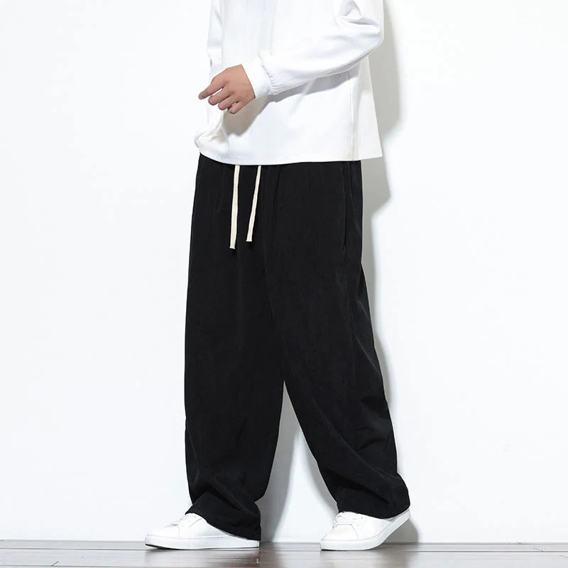 Buddha Stones Plain Drawstring Pure Cotton Corduroy Men's Harem Pants With Pockets