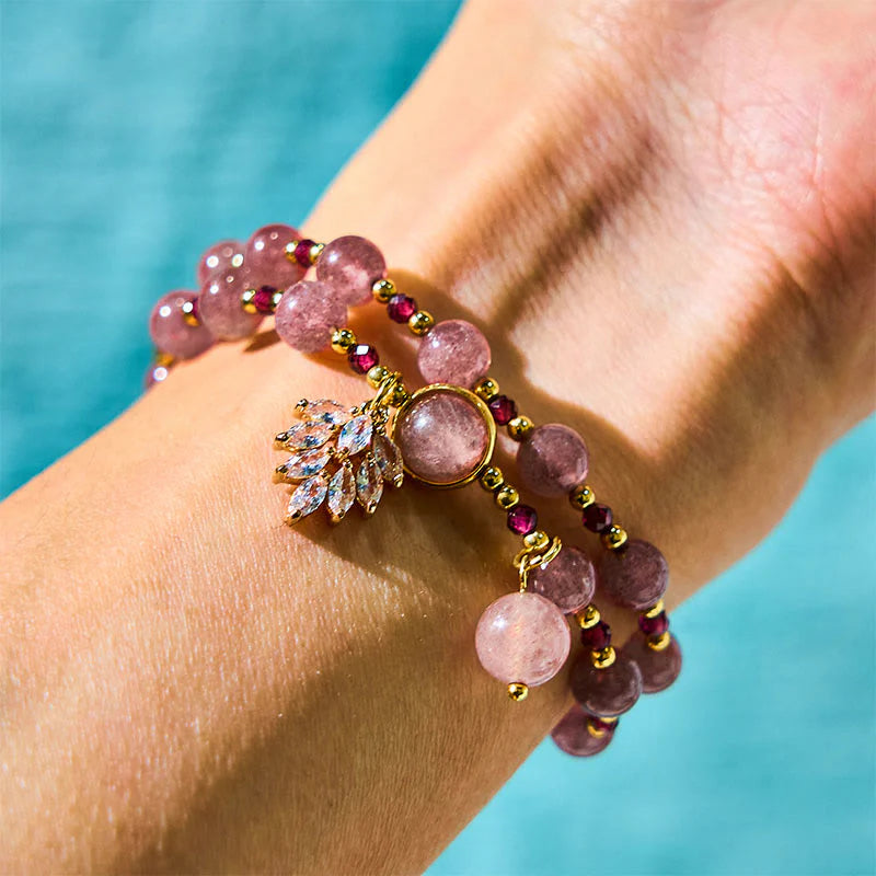 Buddha Stones Natural Strawberry Quartz Love Healing Maple Leaf Charm Double Wrap Bracelet