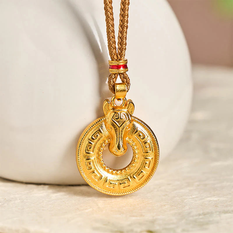 Buddha Stones Year Of The Horse Peace Buckle Fu Character Gold Plated Copper Energy Necklace Pendant