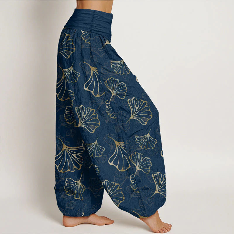 Buddha Stones Pure Cotton Minimalist Style Ginkgo Leaves Pattern Women's Elastic Waist Harem Pants