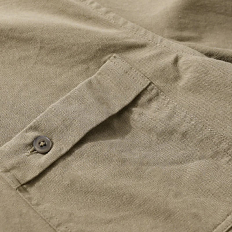 Buddha Stones Casual Solid Buttons Down Decorative Pocket Men's Stand Collar Long Sleeve Cotton Shirt