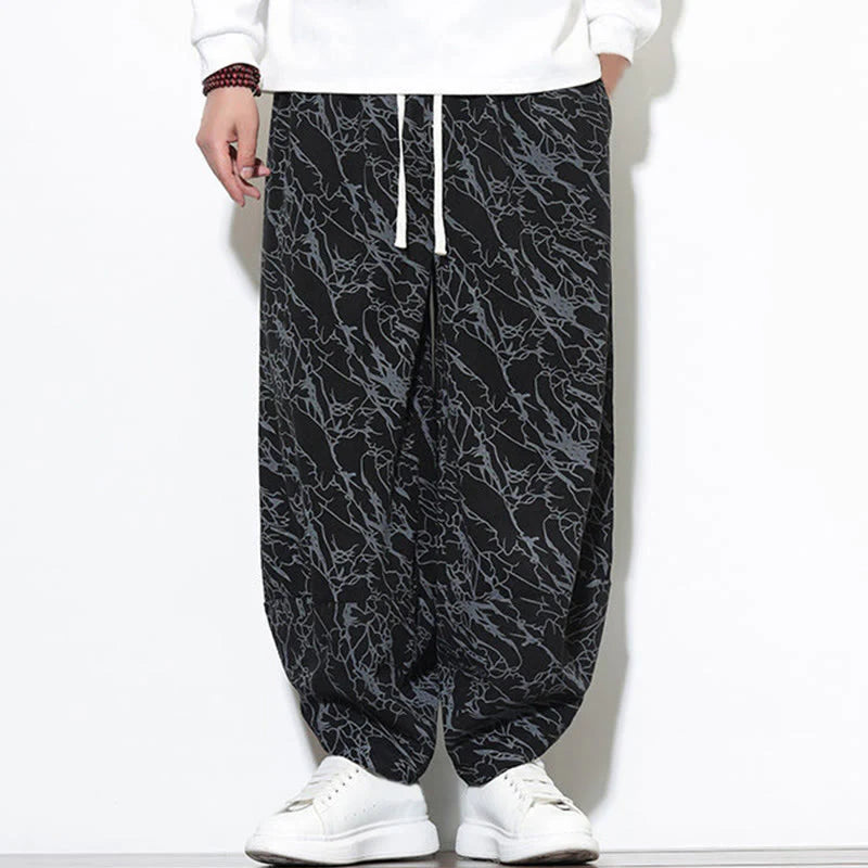 Buddha Stones Fall Textured Lines Print Cotton Elastic Waist Ankle-Length Men's Harem Pants With Pockets