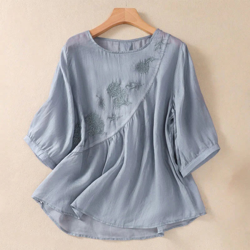 Buddha Stones Embroidered Flower Crew Neck Design Women's Cotton Linen Half Sleeve Shirt