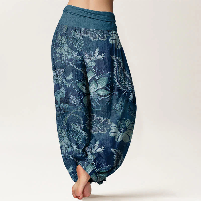 Buddha Stones Cotton Casual Floral Leaves Women's Elastic Waist Harem Pants