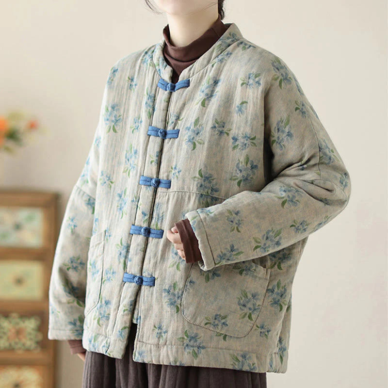 Buddha Stones Women's Long Sleeve Thermal Cotton Printed Florwer Pattern Jacket With Pockets