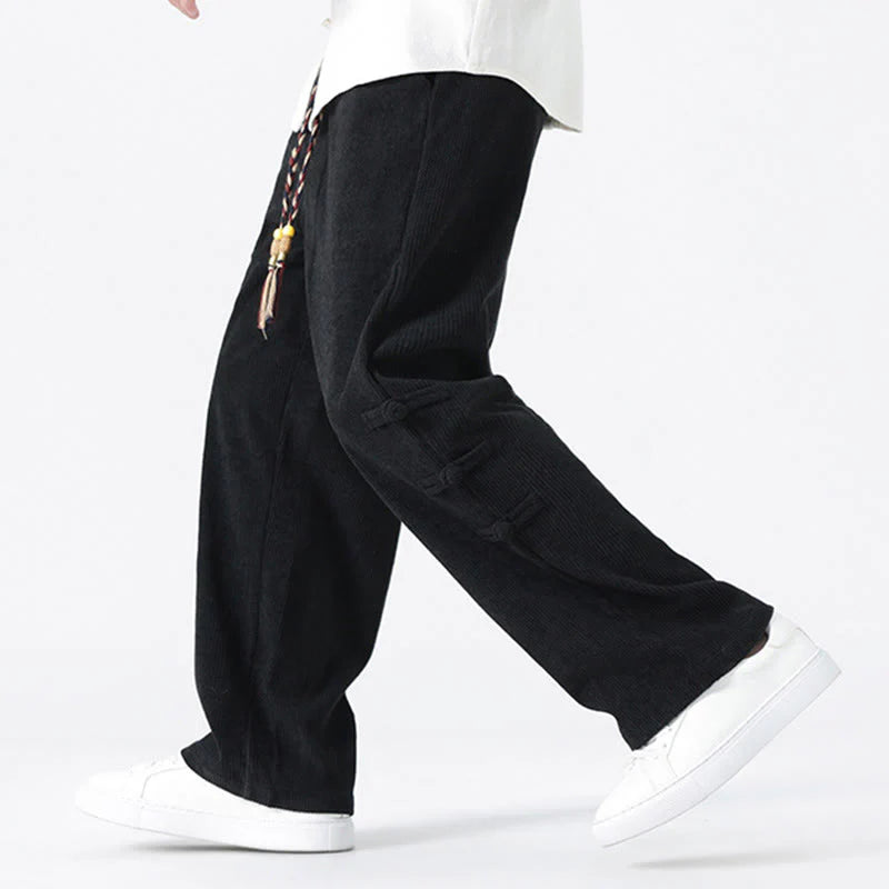 Buddha Stones Fall Solid Frog-Button Men's Drawstring Corduroy Straight Leg Pants With Pockets