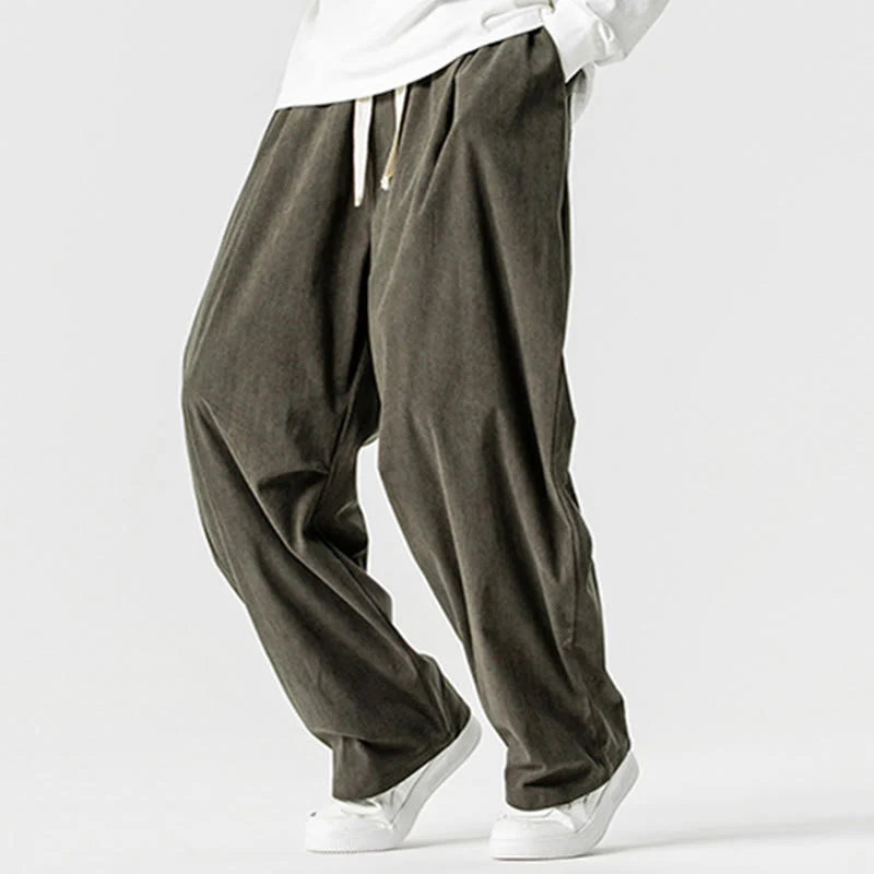 Buddha Stones Winter Drawstring Corduroy Cotton Men's Wide Leg Pants With Pockets