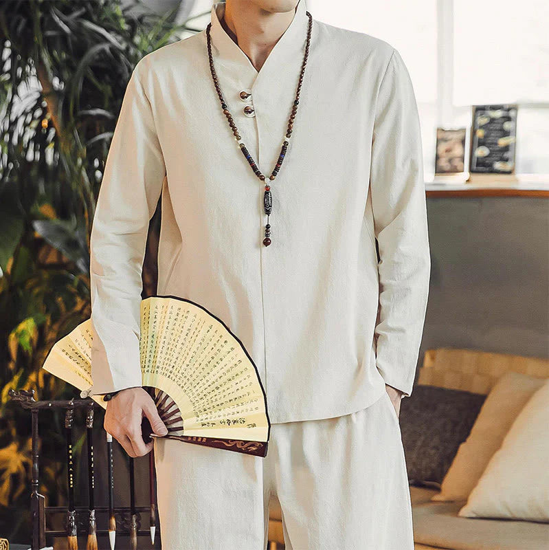 Buddha Stones 2Pcs Shirt Ankle-Length Pants With Pockets Men's Meditation Cloth Set