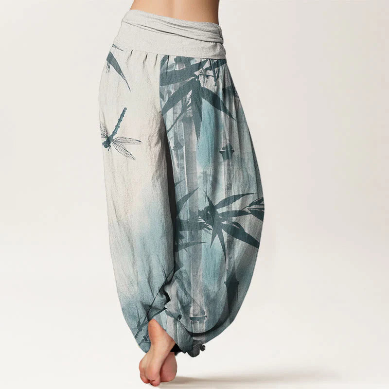 Buddha Stones Cotton Casual Bamboo Leaves Dragonfly Pattern Women's Elastic Waist Harem Pants