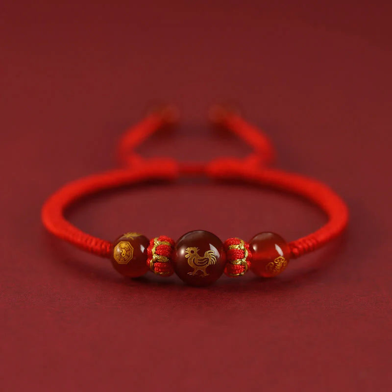 Buddha Stones Handmade Red Agate Chinese Zodiac Red String Braided Protection Bracelet