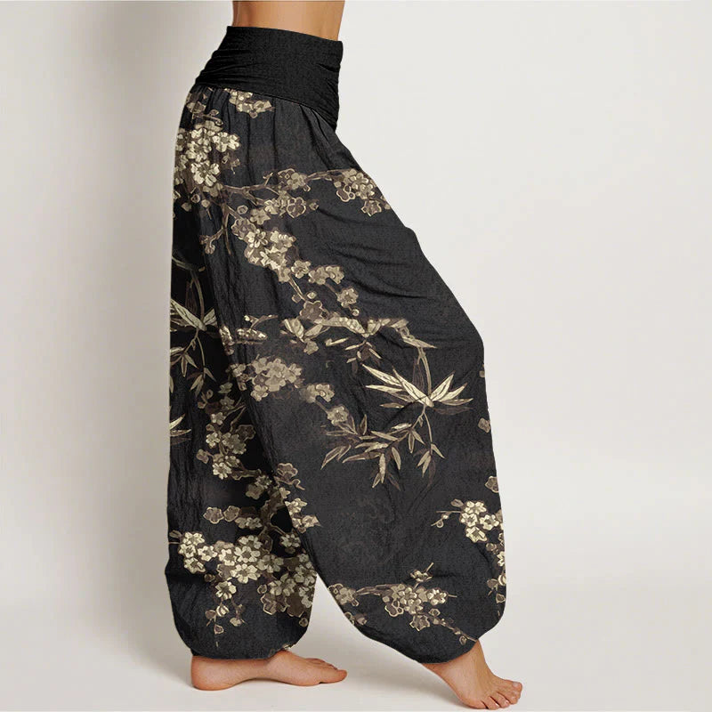 Buddha Stones Cotton White Sakura Flower Pattern Women's Elastic Waist Harem Pants