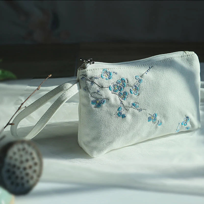 Buddha Stones Small Flower Plum Cherry Crane Peach Blossom Embroidery Canvas Wallet Shopping Purse