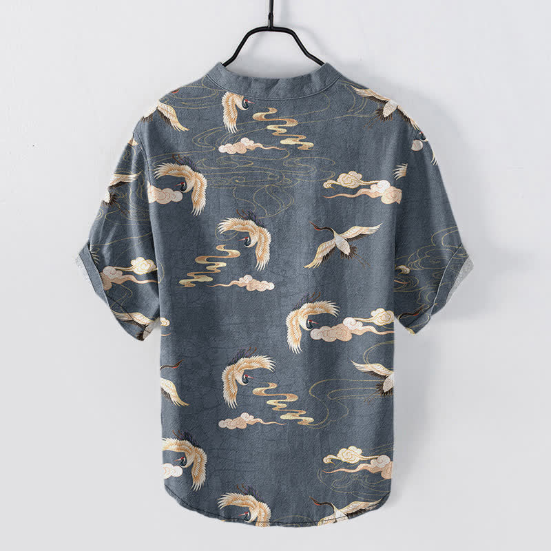 Buddha Stones Flying Birds Cloud Men's Short Sleeve Half Button Shirt