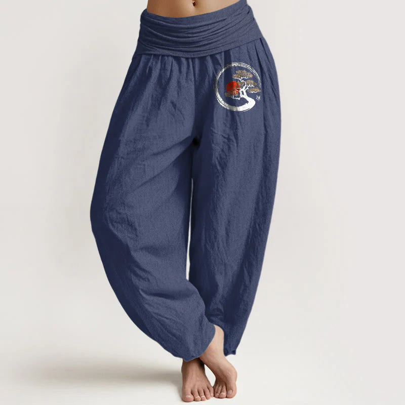 Buddha Stones Pine Tree Red Sun Zen Character Pattern Pure Cotton Women's Elastic Waist Harem Pants