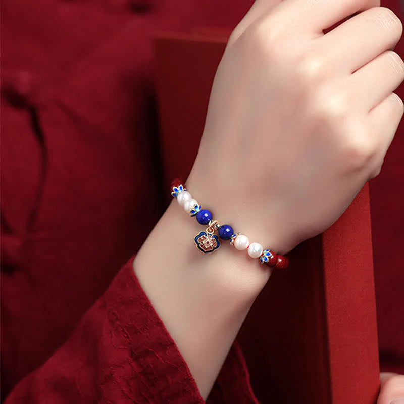 Buddha Stones Cinnabar Lapis Lazuli Chinese Lock Charm Blessing Bracelet