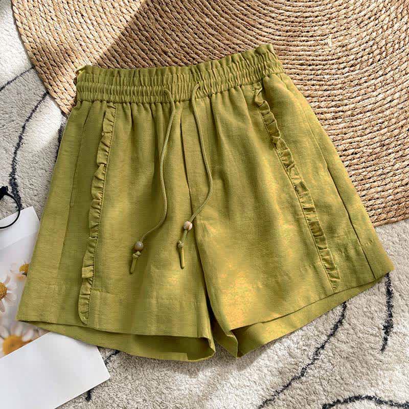 Buddha Stones Summer Drawstring Ruffle Elastic Waist Women's Shorts With Pockets