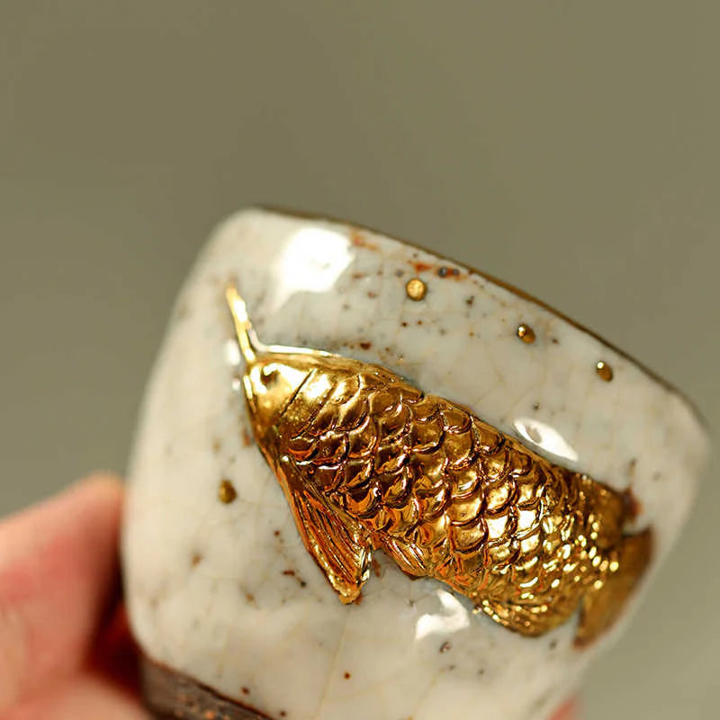 Buddha Stones Handcrafted Golden Arowana Koi Fish Ceramic Teacup Kung Fu Tea Cup Teapot