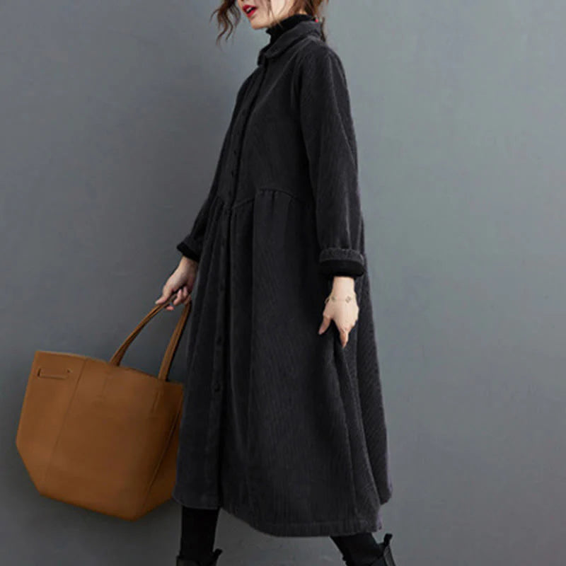 Buddha Stones Plain Buttons Long Sleeve Women's Cotton Corduroy Fleece-Lined Coat With Pockets