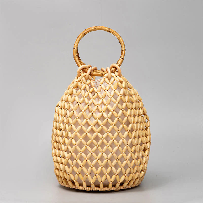 Buddha Stones Hand-woven Wooden Beads Bamboo Handle Shoulder Bag Handbag